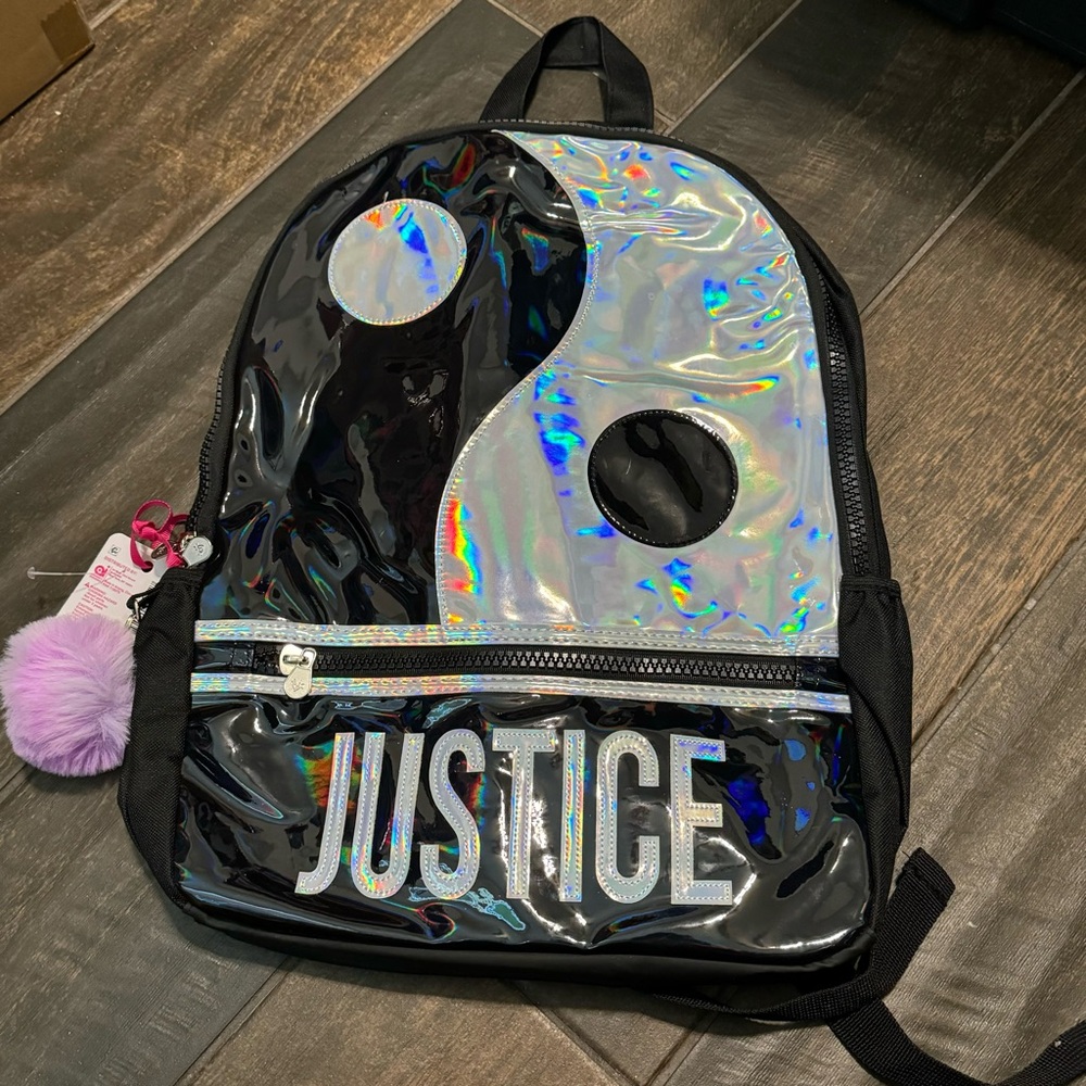 NWT Justice Iridescent Ying Yang Back Pack with Pom Clip